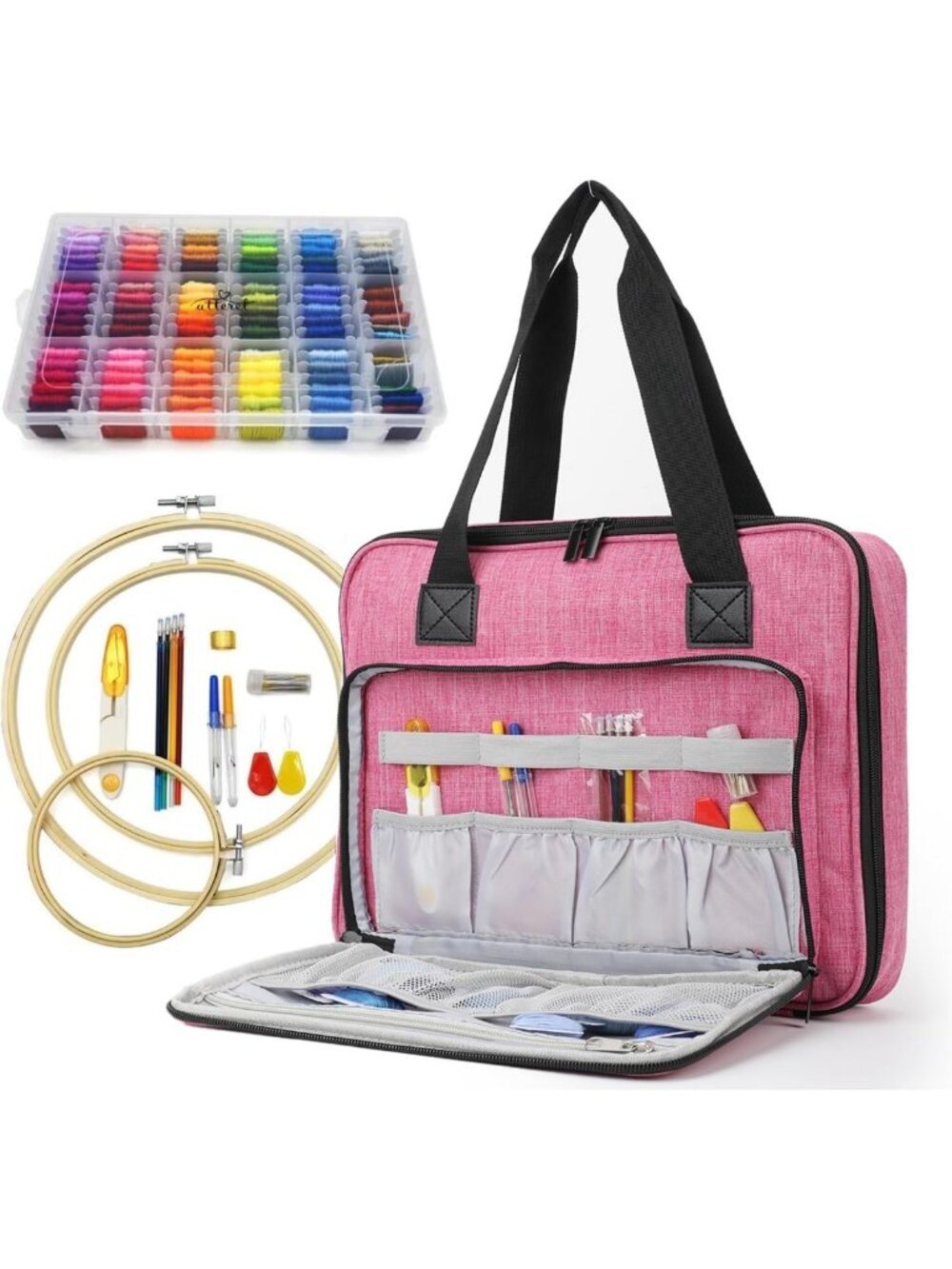 Embroidery Cross Stitch Starter Kit - 108 Threads, 3 Hoops, Pink Craft Set